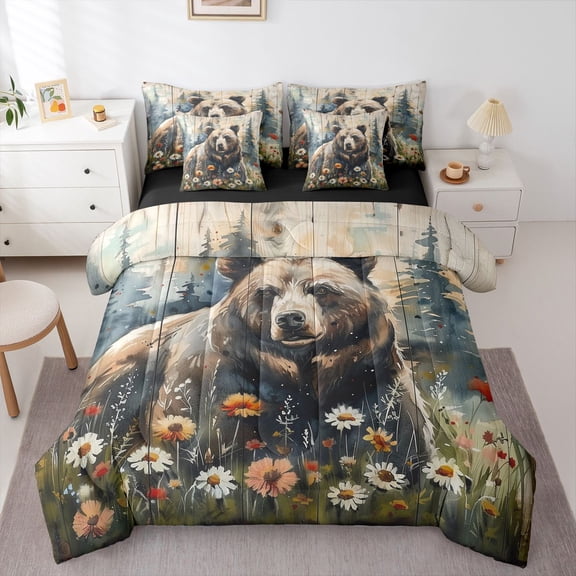 Feelyou Rustic Bear Boy Twin Bedding Sets 7pcs, Vibrant Groovy Floral Comforter Set
