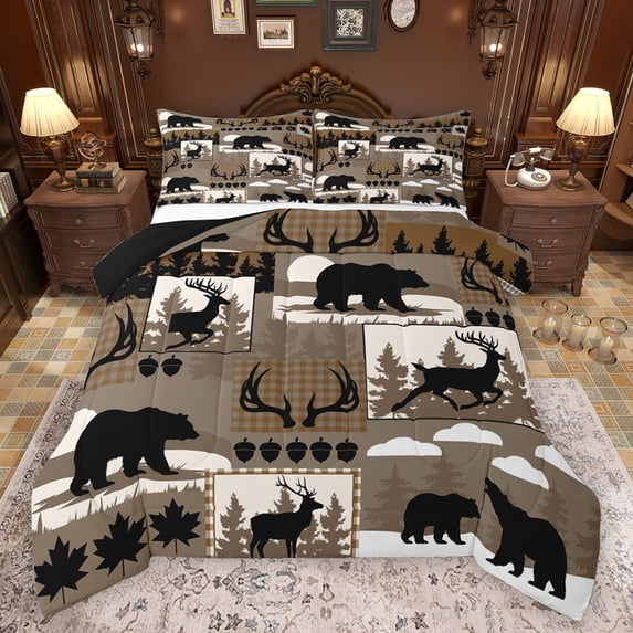 Feelyou Rustic Bear Deer Bedding Comforter Set, Hunting Wildlife Twin Comforter Sets, Vintage Patchwork Plaid Reversible Bedding Set, Lightweight Room Decor, 2-Piece