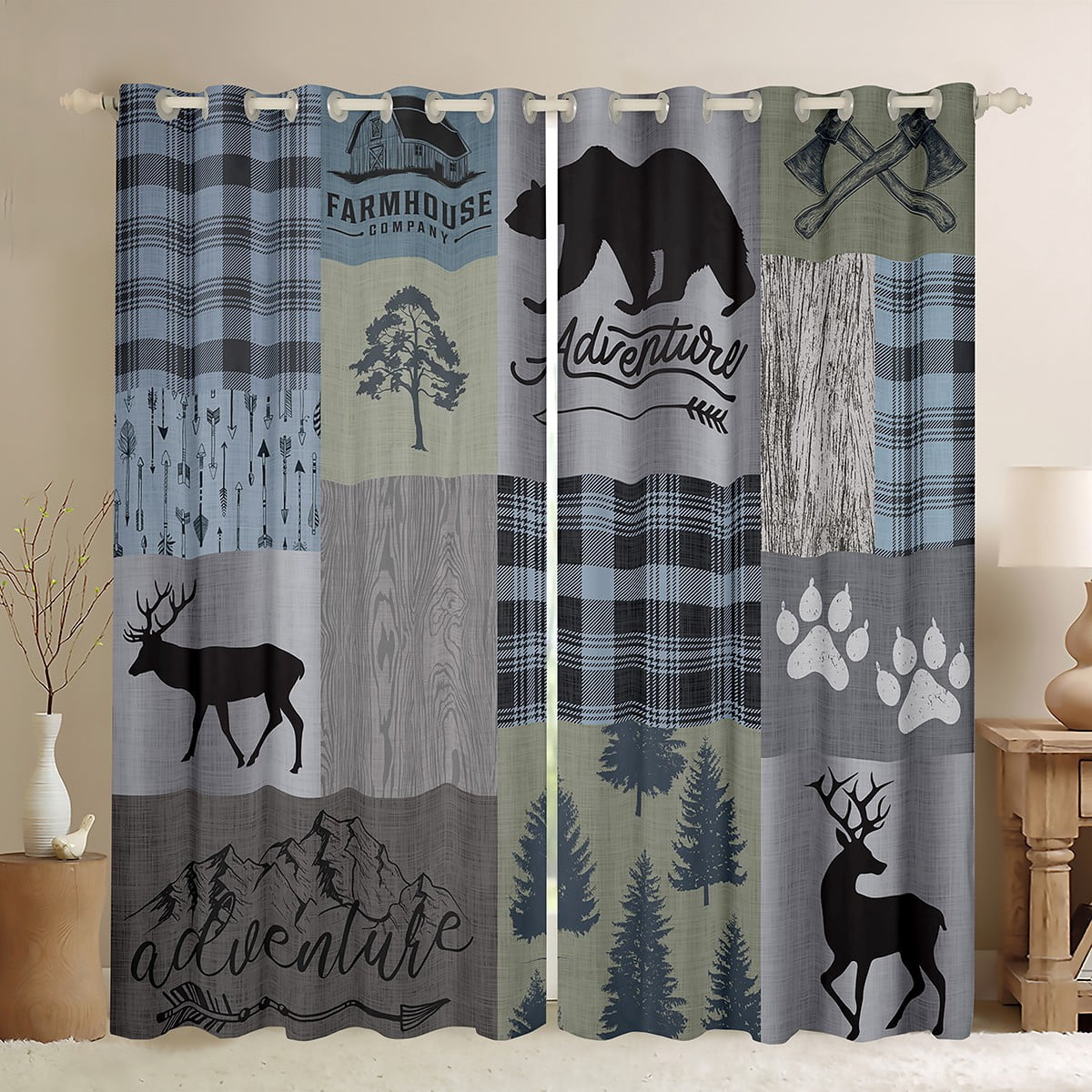Feelyou Rustic Bear Deer Black Out Curtains for Men, Farmhouse Wooden ...