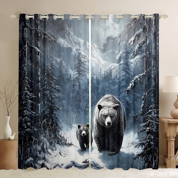 Feelyou Rustic Bear Family Curtains Pack of 2 (42x84 Each), Winter Jungle Animal Curtains Blackout, Plant Snow Mountain Bedroom Curtains, Curtains and Drapes Decor