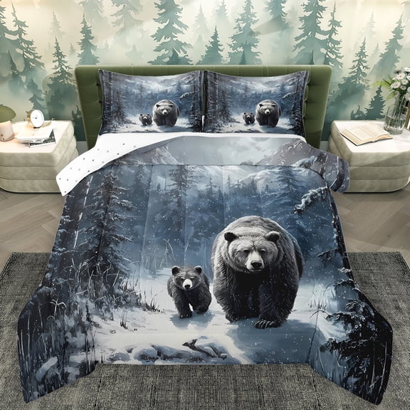 Feelyou Rustic Bear Family Queen Comforter Set, Winter Jungle Animal Bedding Sets, Plant Snow Mountain Reversible Bedding Comforter Set, Ultra Soft Bedroom Decor, 3pcs