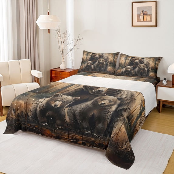Feelyou Rustic Bear Family Queen Sheet Sets, Vintage Lodge Cabin Bed Set, 4-Piece