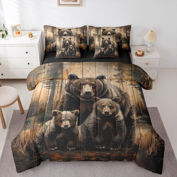 Feelyou Rustic Bear Family Twin Bedding Sets 7pcs, Lodge Cabin Bedding Comforter Set