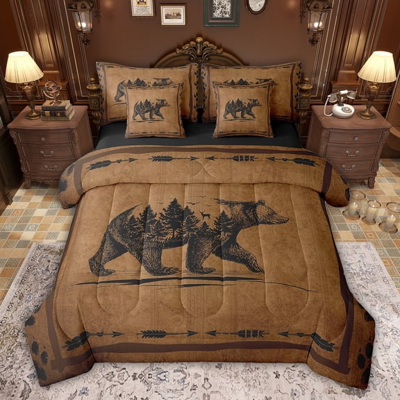 Feelyou Rustic Bear Print Bedding Comforter Set 7pcs, Hunting Wildlife King Bedding Sets, Western Farmhouse Theme Reversible Bed Sheets, Luxury Bedroom Decor