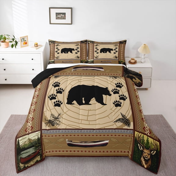 Feelyou Rustic Bear Queen Comforter Set, Adventure Camping Bedding Comforter Set, 3pcs