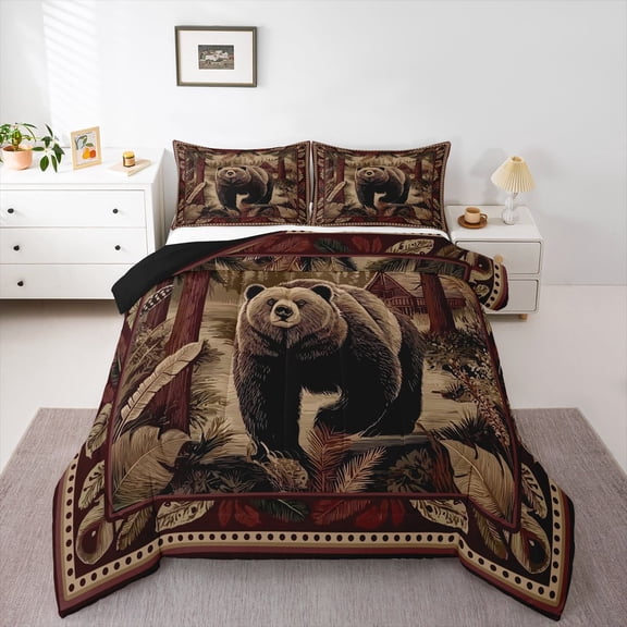 Feelyou Rustic Bear Queen Comforter Set, Western Boho Bedding Comforter Set, 3-Piece
