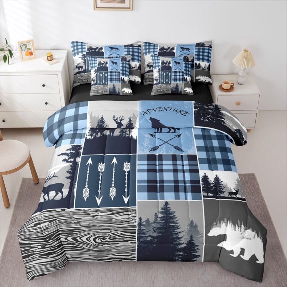 Feelyou Rustic Bear Twin Bedding Sets 7pcs, Blue Buffalo Bedding Comforter Set
