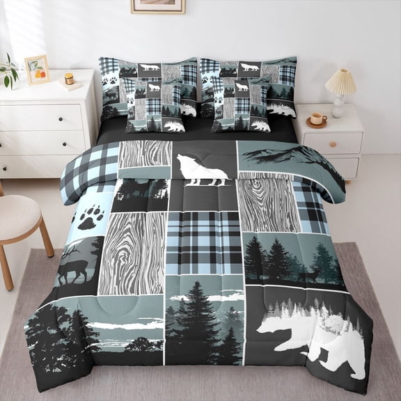 Feelyou Rustic Bear Twin Bedding Sets 7pcs, Patchwork Bedding Comforter Set