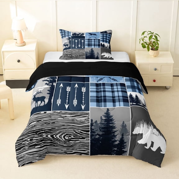 Feelyou Rustic Bear Twin Comforter Sets, Blue Buffalo Bedding Set, 2 Pieces