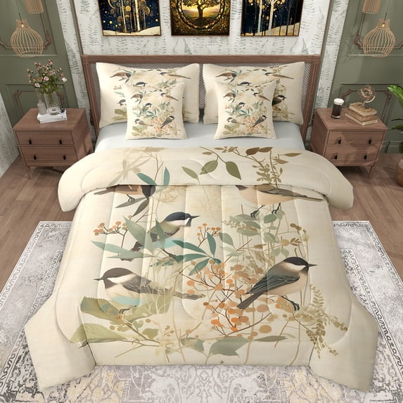 Feelyou Rustic Bird Animal Bedding Comforter Set 7pcs, Chinese Flower Floral King Bedding Sets, Vintage Fashion Style Reversible Bed Sheets, Microfiber Bedroom Decor