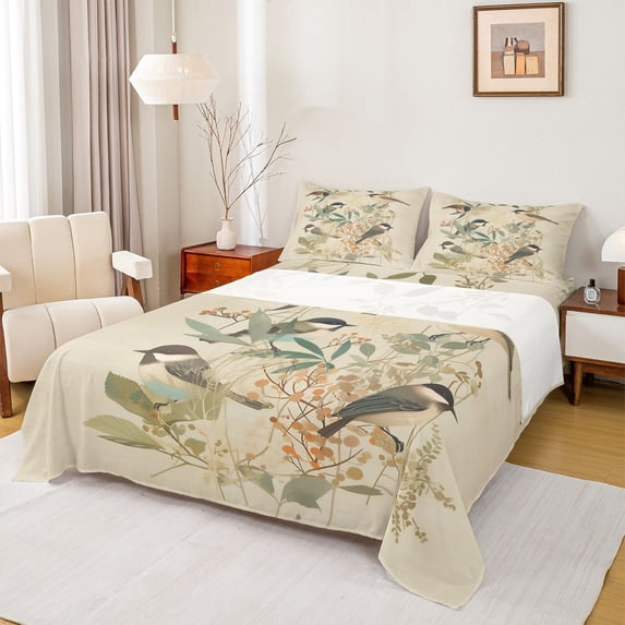Feelyou Rustic Bird Animal Twin Sheet Sets, Chinese Flower Floral Twin Fitted Sheet, Vintage Fashion Style Flat Sheet, Microfiber Bedroom Decor, 3 Pieces