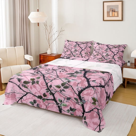 Feelyou Rustic Branches Bed Sheets for Teen, Farmhouse Leaves King Sheets, Pink Cartoon Plant Sheet Set, Lightweight Room Decor, 4 Pieces