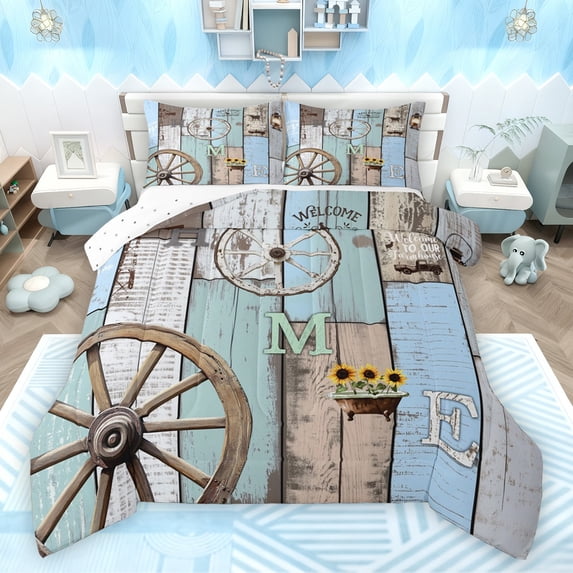 Feelyou Rustic Cabin Teens Full Size Comforter Sets, Blue Green Wooden Plank Bedding Comforter Set, Southwestern Style Reversible Bedding Sets, Super Cozy Room Decor, 3pcs