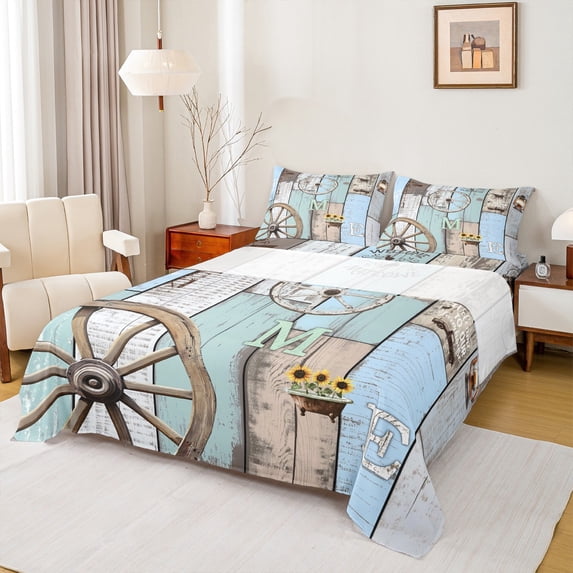 Feelyou Rustic Cabin Teens Full Size Sheets, Blue Green Wooden Plank Bed Sheets, Southwestern Style Sheet Sets, Super Cozy Room Decor, 4pcs