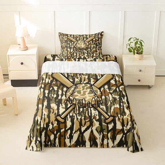 Feelyou Rustic Camo Baseball Twin Sheets for Boys, Grunge Camouflage Bat Bedding, Olive, 3 Pieces, 1 Flat Sheet, 1 Fitted Sheet and 1 Pillowcase
