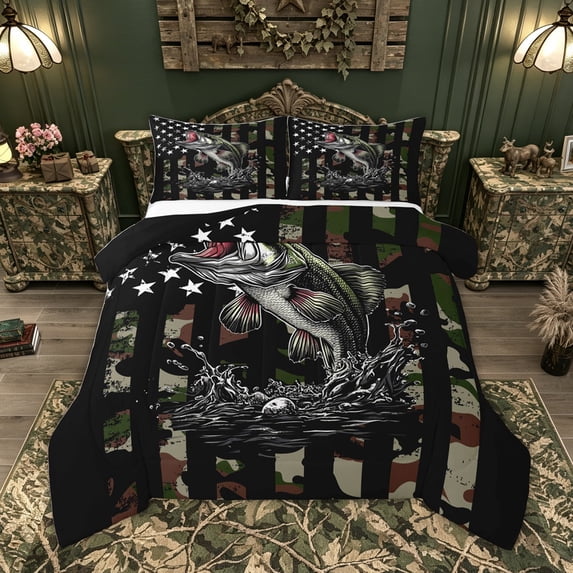 Feelyou Rustic Camo Fishing Bass Full Size Comforter Sets for Men Boys, Camouflage USA Flag Bedding Sets, Green Black, Black Reversible, 3pcs