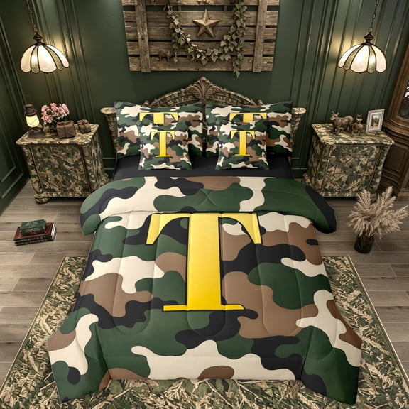 Feelyou Rustic Camo T Letter Full Size Bedding Sets for Men, Green Camouflage Abstract Full Size Bed in a Bag, Black Reversible, 7pcs