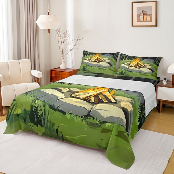 Feelyou Rustic Camping Bed Sheets for Teens, Plant Botanical King Sheets, Cartoon Adventure Theme Sheet Set, Breathable Home Decor, 4pcs