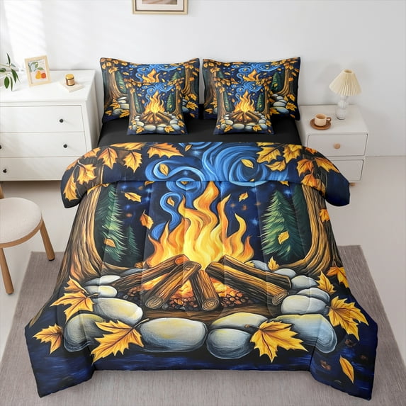 Feelyou Rustic Camping Bedding Comforter Set 7-Piece for Teens, Plant Botanical King Bedding Sets, Cartoon Adventure Theme Reversible Bed Sheets, Ultra Soft Home Decor