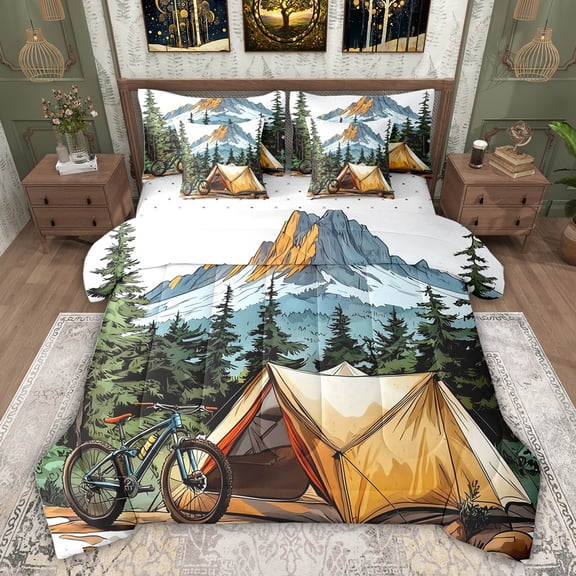 Feelyou Rustic Camping Bedding Comforter Set 7pcs for Teens, Speed Sports Cycling Queen Bedding Sets, Countryside Tree Mountain Reversible Queen Sheet Sets, Luxury Bedroom Decor