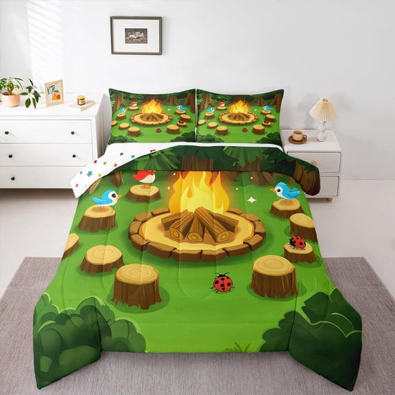 Feelyou Rustic Camping Bedding Comforter Set for Teens, Cute Birds Ladybug Twin Comforter Sets, Cartoon Adventure Theme Reversible Bedding Set, Ultra Soft Home Decor, 2pcs