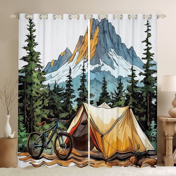 Feelyou Rustic Camping Black Out Curtains for Teens, Speed Sports Cycling Curtains Pack of 2 (42x63 Each), Countryside Tree Mountain Bedroom Curtains, Blackout Curtains Bedroom Decor