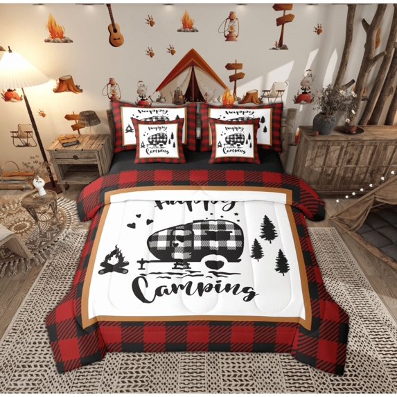 Feelyou Rustic Camping Car Bedding Comforter Set 7 Pieces for Teen, Black Red Buffalo Full Bedding Set, Jungle Adventure Reversible Fitted Sheet Flat Sheet, Microfiber Bedroom Decor