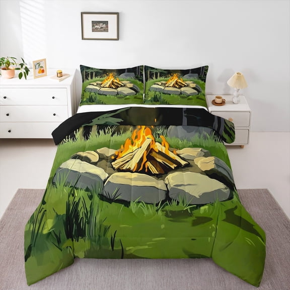 Feelyou Rustic Camping Queen Comforter Set for Teens, Plant Botanical Bedding Sets, Cartoon Adventure Theme Reversible Bedding Comforter Set, Breathable Home Decor, 3pcs