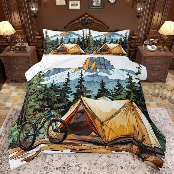 Feelyou Rustic Camping Queen Comforter Set for Teens, Speed Sports Cycling Bedding Sets, Countryside Tree Mountain Reversible Bedding Comforter Set, Luxury Bedroom Decor, 3 Pieces