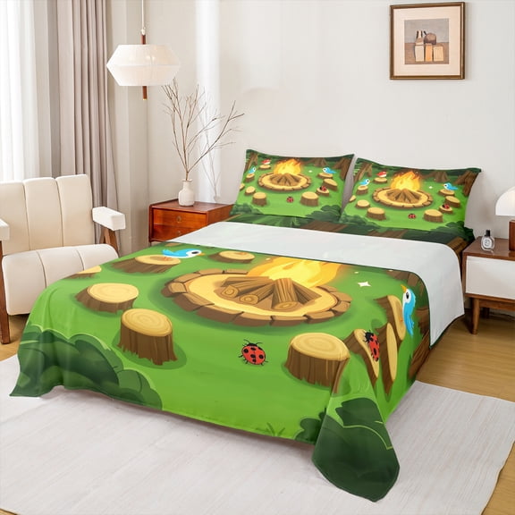 Feelyou Rustic Camping Queen Sheet Sets for Teens, Cute Birds Ladybug Flat Sheet, Cartoon Adventure Theme Queen Fitted Sheet, Ultra Soft Home Decor, 4pcs
