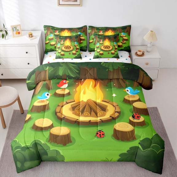 Feelyou Rustic Camping Twin Bedding Sets 7-Piece for Teens, Cute Birds Ladybug Bedding Comforter Set, Cartoon Adventure Theme Reversible Sheet Sets, Ultra Soft Home Decor
