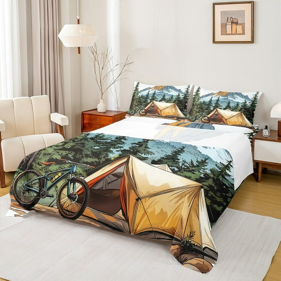 Feelyou Rustic Camping Twin Sheet Sets for Teens, Speed Sports Cycling Twin Fitted Sheet, Countryside Tree Mountain Flat Sheet, Luxury Bedroom Decor, 3 Pieces