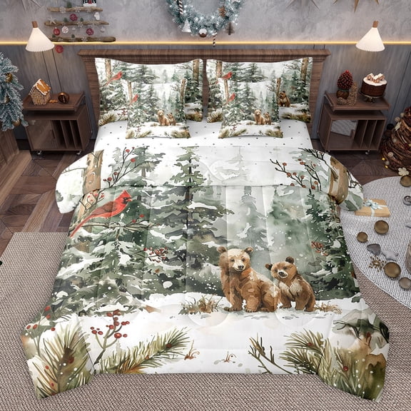 Feelyou Rustic Cea Wildlife Bedding Comforter Set 7pcs, Winter Christmas Tree King Bedding Sets, Watercolor Art Reversible Bed Sheets, Super Cozy Room Decor
