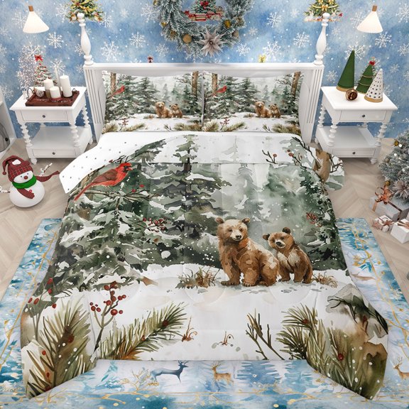 Feelyou Rustic Cea Wildlife Queen Comforter Set, Winter Christmas Tree Bedding Sets, Watercolor Art Reversible Bedding Comforter Set, Super Cozy Room Decor, 3pcs