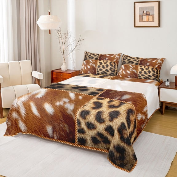 Feelyou Rustic Cheetah Print Full Size Sheets, Western Fashion Bed Sheets, 4 Pieces