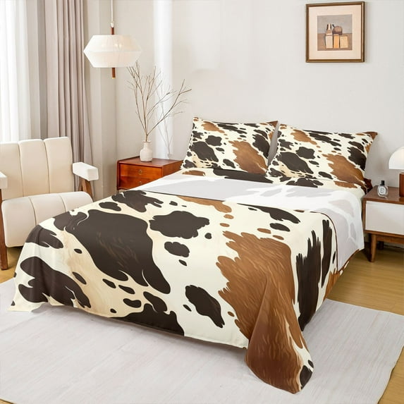 Feelyou Rustic Cow Print Bed Sheets, Farmhouse Highland Bull King Sheets, Teens Kids Boys Girls Sheet Set, Super Cozy Room Decor, 4pcs