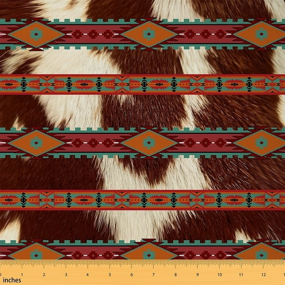 Feelyou Rustic Cow Print Fabric by the Yard 1 Yard, Western Tribal Aztec Home Decor Fabric by the Yard, Triangle Geometric Sewing Fabric, Microfiber Bedroom Decor