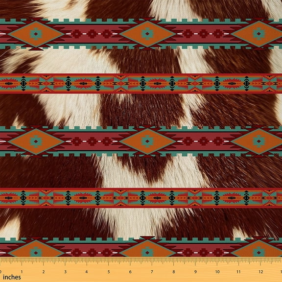 Feelyou Rustic Cow Print Fabric by the Yard 3 Yards, Western Tribal Aztec Sewing Fabric, Triangle Geometric Home Decor Fabric by the Yard, Microfiber Bedroom Decor