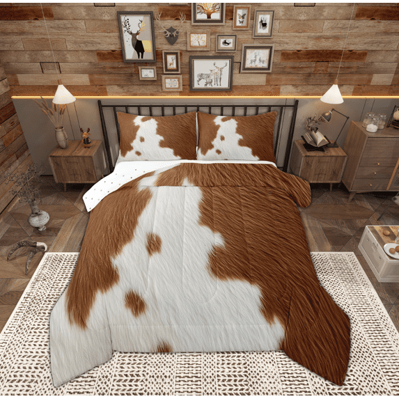 Feelyou Rustic Cow Print Queen Comforter Set, Farmhouse Fashion Bedding Sets, Teen Child Kid Adult Reversible Bedding Comforter Set, Super Cozy Room Decor, 3pcs