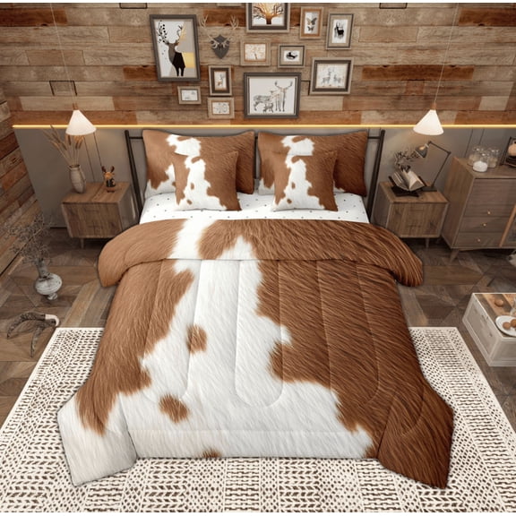 Feelyou Rustic Cow Print Twin Bedding Sets 7-Piece, Farmhouse Fashion Bedding Comforter Set, Teen Child Kid Adult Reversible Sheet Sets, Super Cozy Room Decor