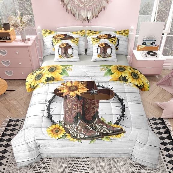 Feelyou Rustic Cowboy Boot Bedding Comforter Set 7pcs, Sunflower Floral King Bedding Sets