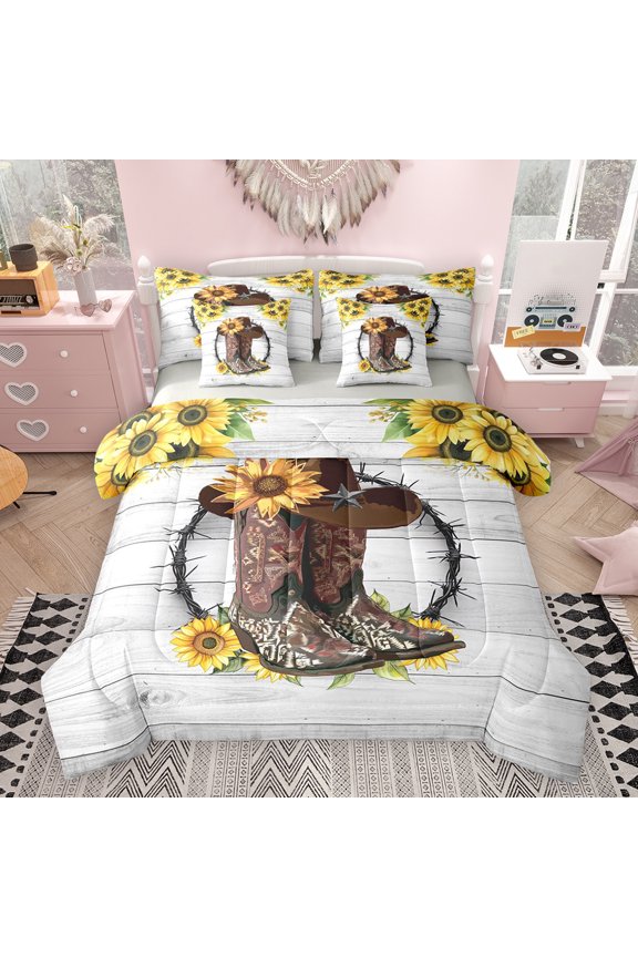 Rustic Cowboy Boot Bedding Comforter Set 7pcs, Sunflower Floral King Bedding Sets