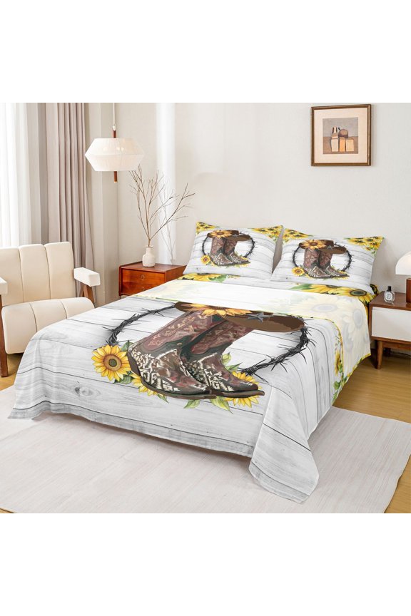 Rustic Cowboy Boot Queen Sheet Sets, Sunflower Floral Bed Set, 4 Pieces