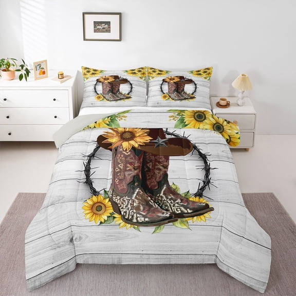 Feelyou Rustic Cowboy Boot Twin Comforter Sets, Sunflower Floral Bedding Set, 2 Pieces