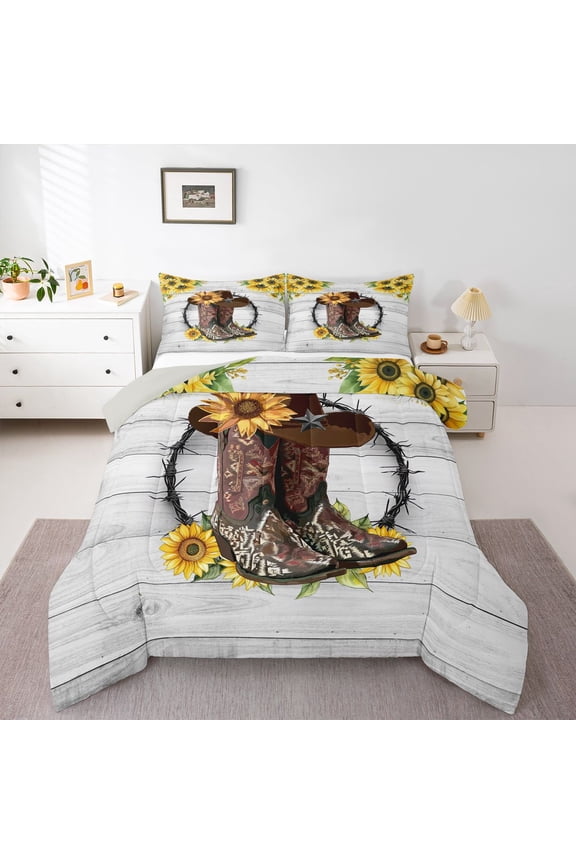 Rustic Cowboy Boot Twin Comforter Sets, Sunflower Floral Bedding Set, 2 Pieces