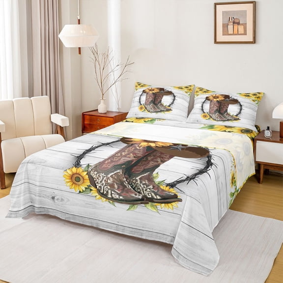Feelyou Rustic Cowboy Boot Twin Sheet Sets, Sunflower Floral Bedding, 3 Pieces