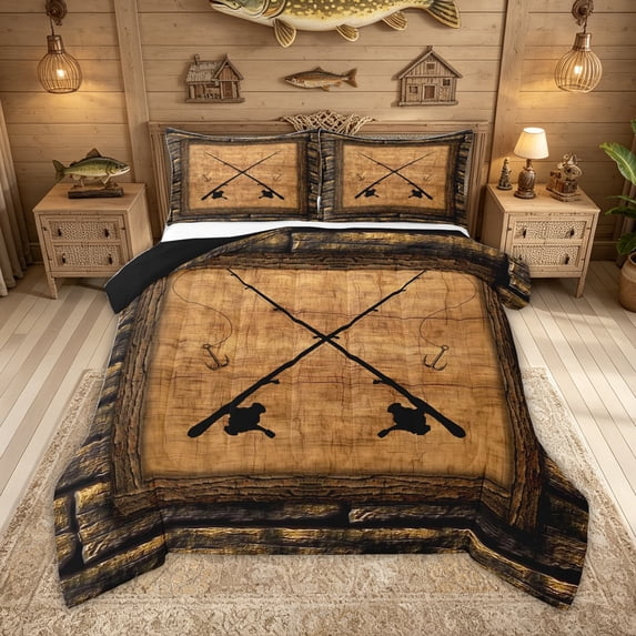 Feelyou Rustic Cross Fishing Wooden Queen Comforter Set for Men, Vintage Wood Outdoor Lake Nautical Fishing Bedding Comforter Set, Brown, Black Reversible, 3pcs