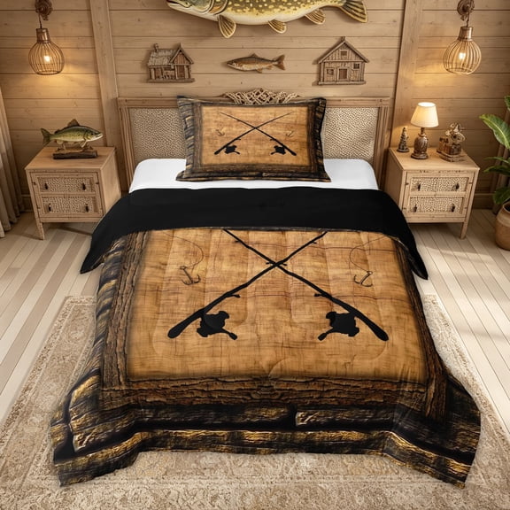 Feelyou Rustic Cross Fishing Wooden Twin Comforter Sets for Men, Vintage Wood Outdoor Lake Nautical Fishing Bedding Set, Brown, Black Reversible, 2pcs