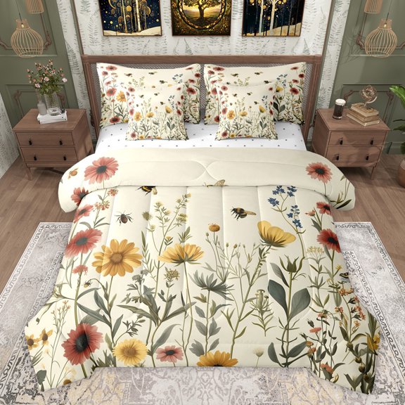 Feelyou Rustic Daisy Floral Twin Bedding Sets 7-Piece for Kids, Cartoon Jungle Botanical Bedding Comforter Set, Vintage Western Fashion Reversible Sheet Sets, Breathable Home Decor