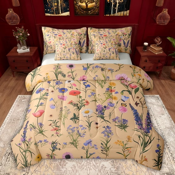 Feelyou Rustic Daisy Groovy Twin Bedding Sets 7-Piece for Teen, Kawaii Cartoon Butterfly Bedding Comforter Set, Vintage Floral Flower Reversible Sheet Sets, Lightweight Room Decor